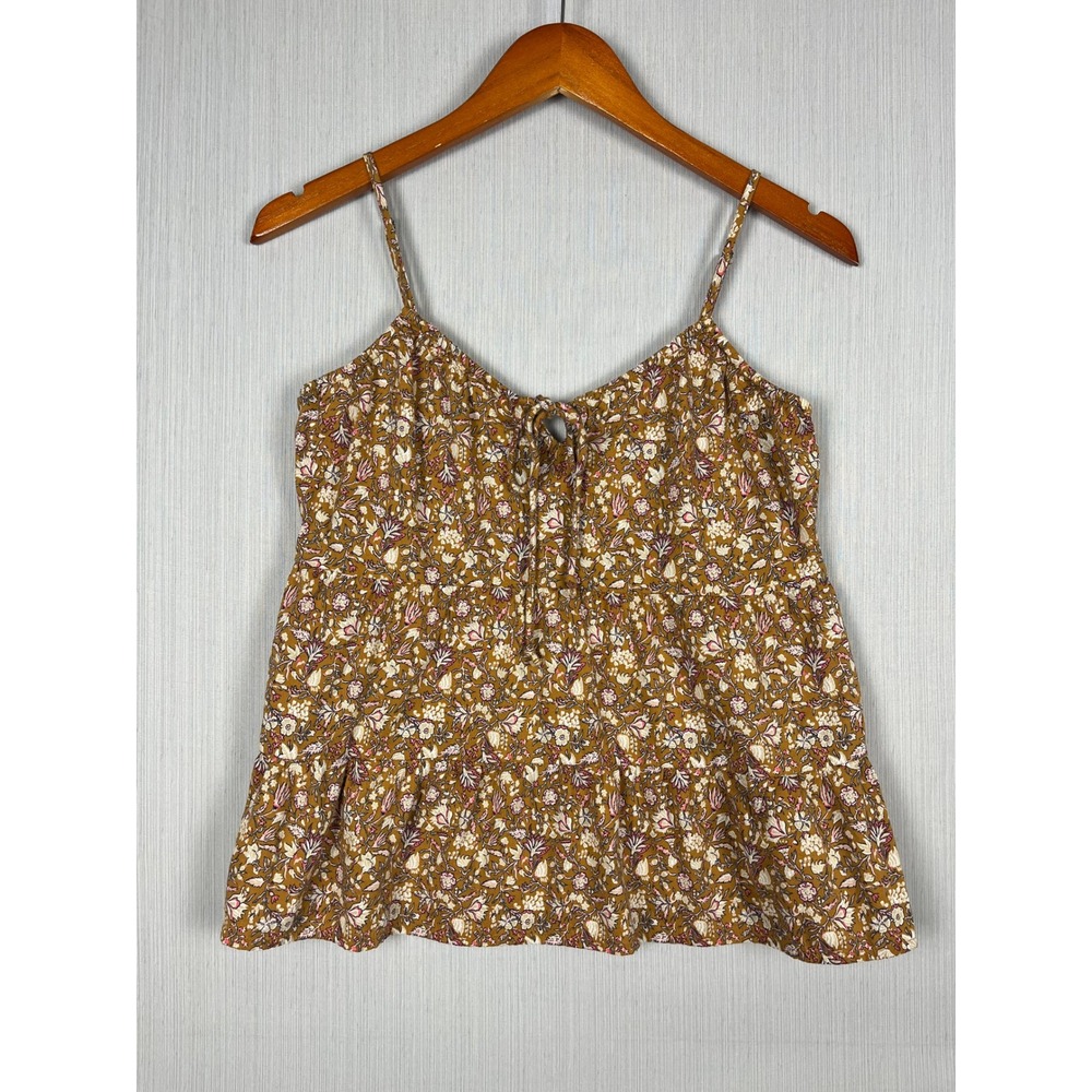 Boho Peplum Cami Women XS Old Navy Brown Ditsy Floral Tie Neck Cottagecore - Picture 2 of 9